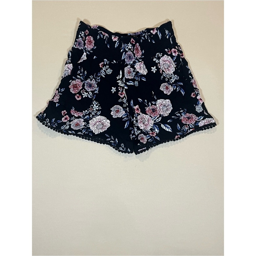 Womens Floral Print Pom Pom Trim High Rise Pull On Shorts Black L Chic